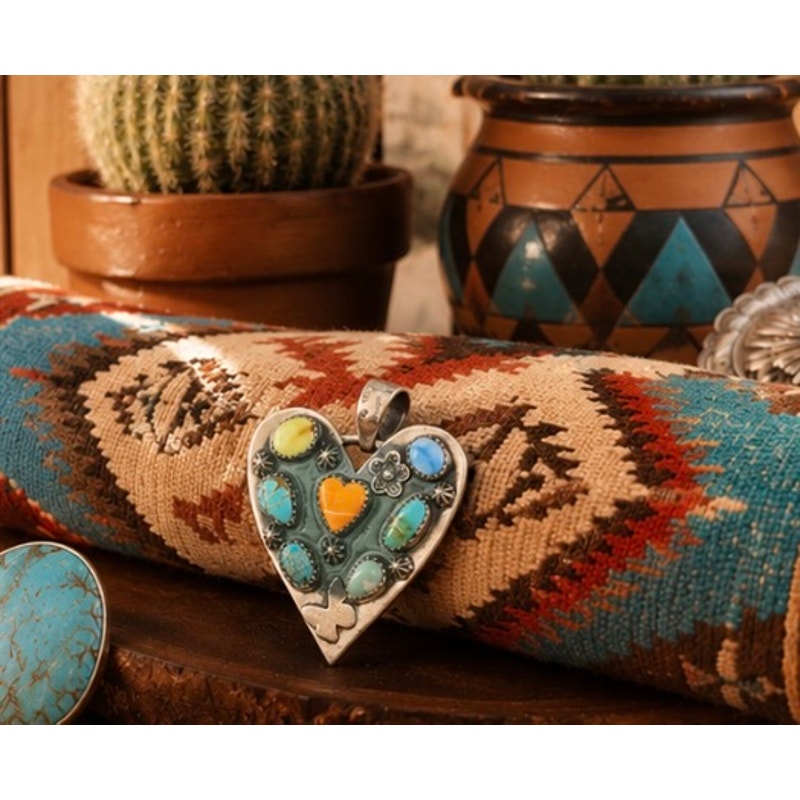 Heart in a Heart Turquoise Necklace 6 stones w Spiny orange
