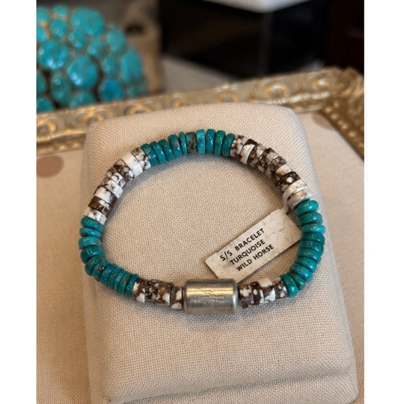 Turquoise & White Horse 7" Bracelet w Sterling Silver Bead