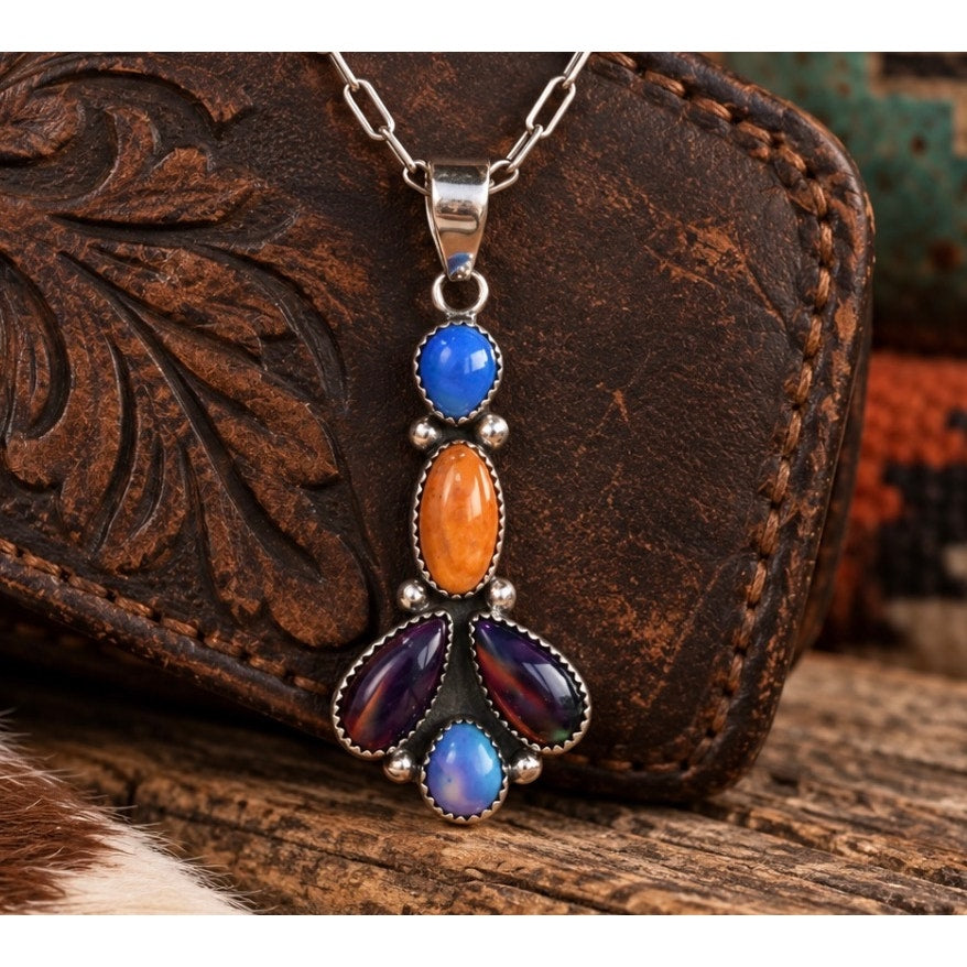 Spiny Oyster, Turquoise & Opal Multistone Pendant Necklace | 22" Sterling Silver