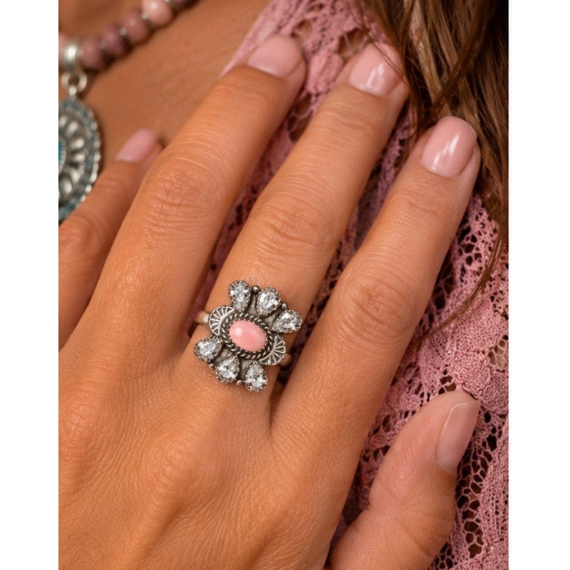 Pink Conch and CZ Sterling Silver Southwestern Ring sz 8 adj
