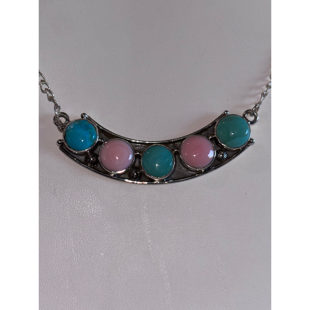 Pink Conch/ Turquoise Multi Stone Necklace set in Sterling Silver 20"