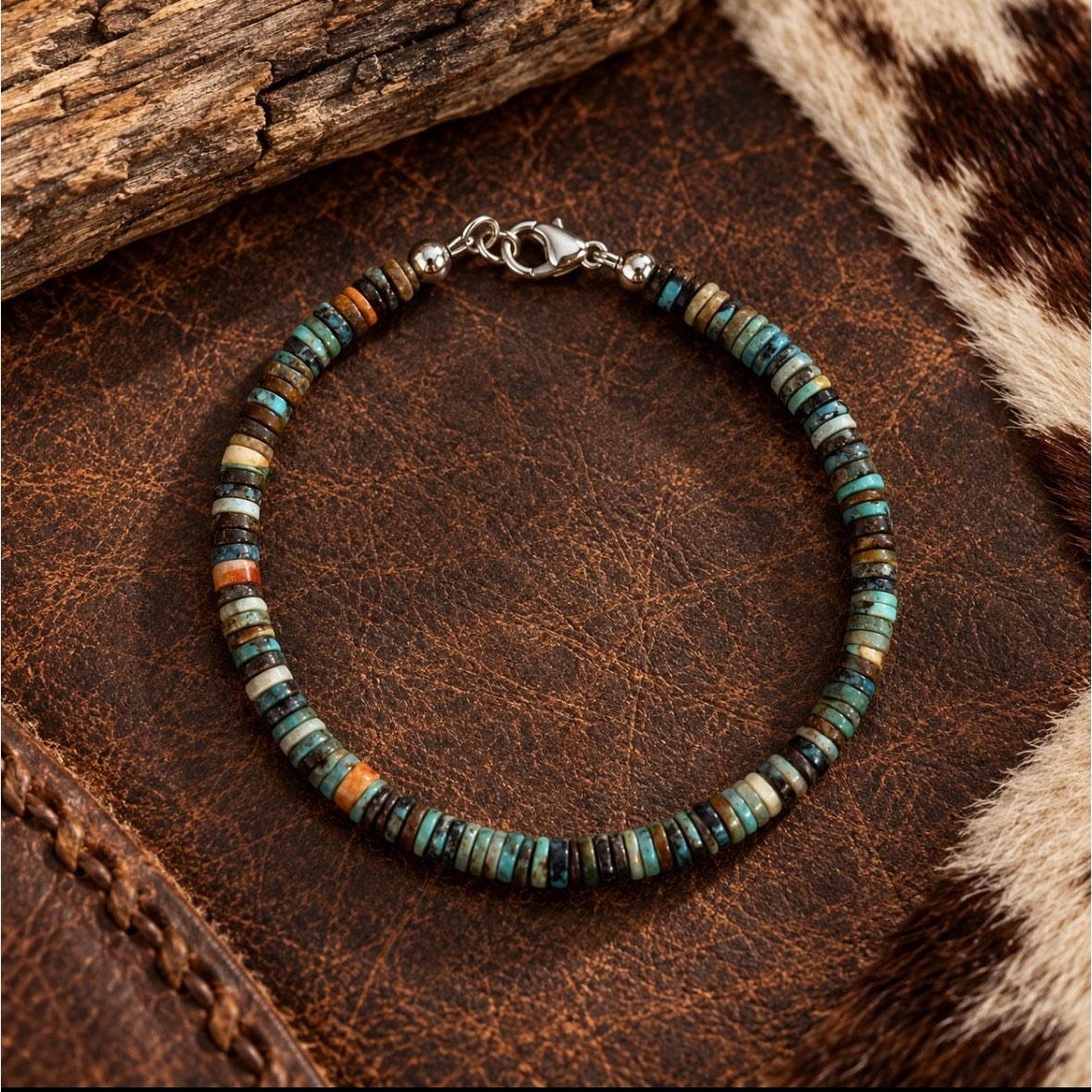 Spiny Oyster & Turquoise Heishi Bracelet | 7" Southwestern Sterling Silver