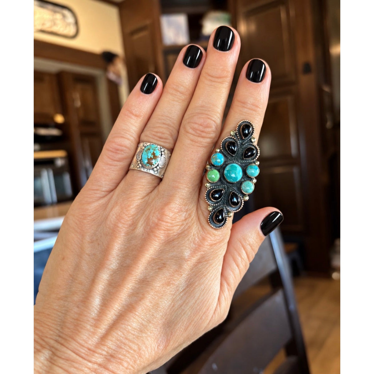 Turquoise & Black Onyx Multistone Copper Statement Ring adjustable 5-9