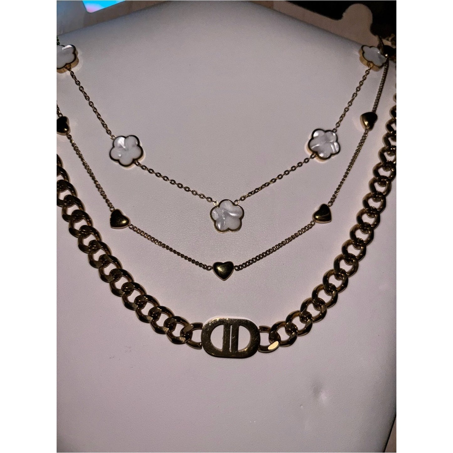 18k Gold Plated Water Proof, Tarnish Free Clover & Heart Necklace, Heart Accents