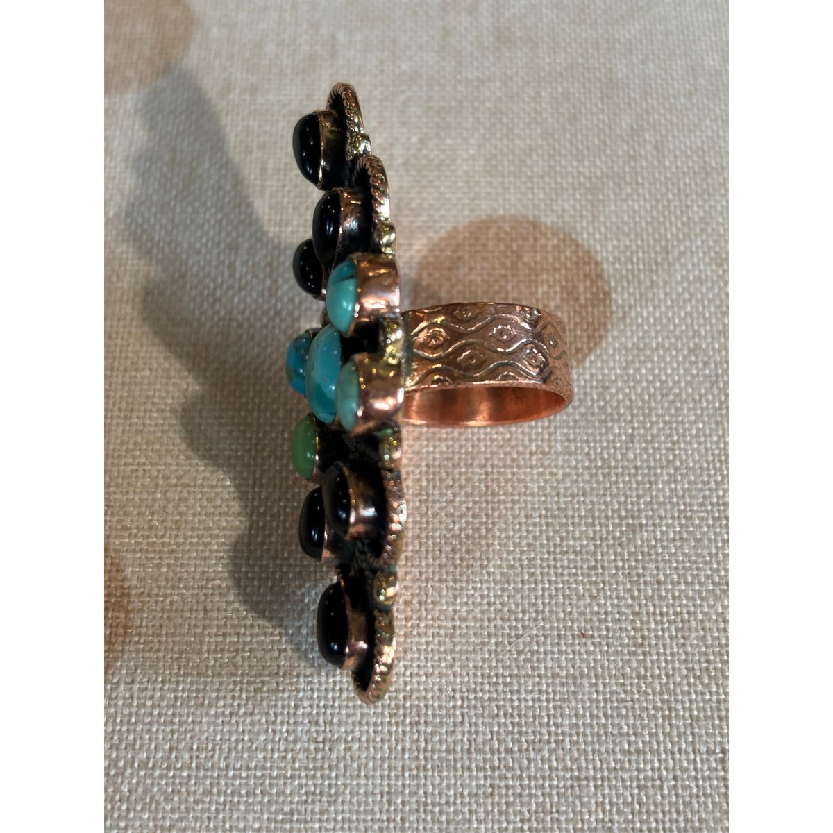 Turquoise & Black Onyx Multistone Copper Statement Ring adjustable 5-9
