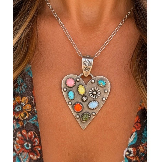 Multi-Stone Heart Pendant – Sonoran, Number 8 Turquoise, Pink Conch, SS