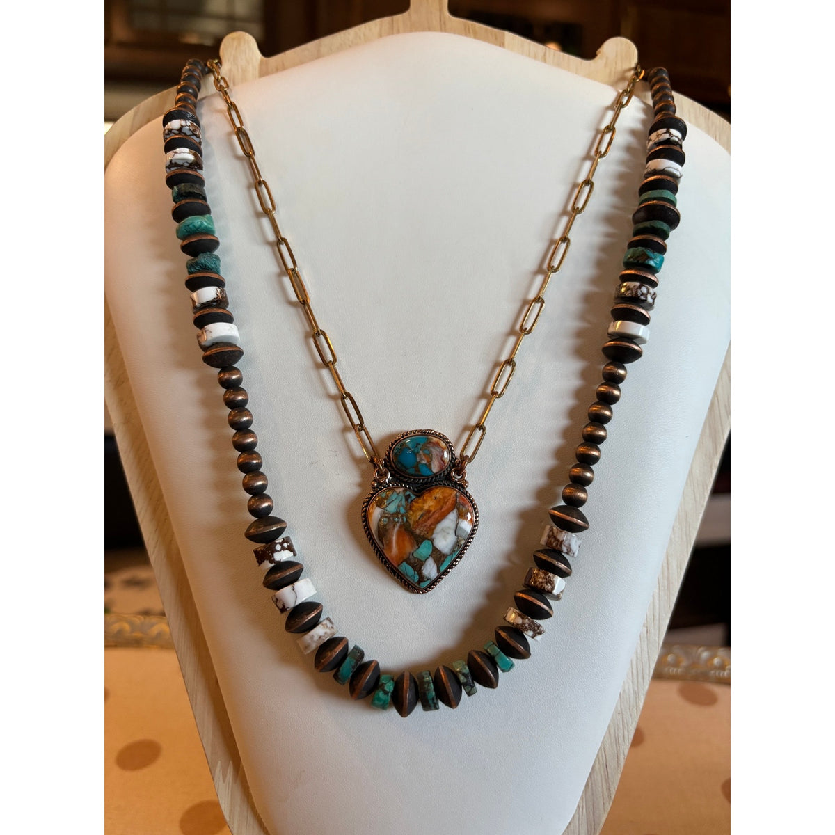 18"Copper Turquoise & Wild Horse Pearl Saucer Bead Necklace | Western