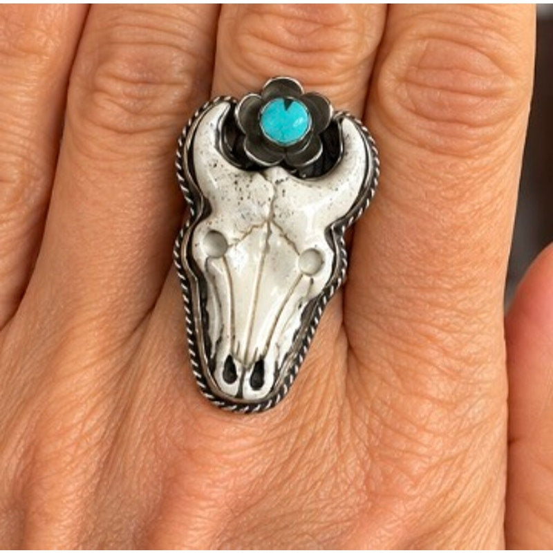 Mohave Turquoise and Bone Steer Head Western Ring