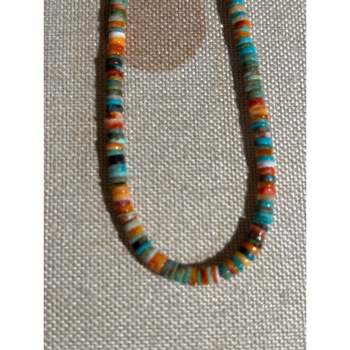 Spiny Orange and Turquoise Heishi Necklace 16”/ 3.3 mm Beads