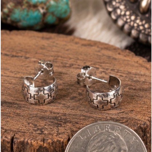 Small Sterling Silver Cross Huggie Hoop Western Earrings