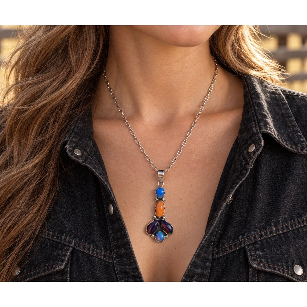 Spiny Oyster, Turquoise & Opal Multistone Pendant Necklace | 22" Sterling Silver