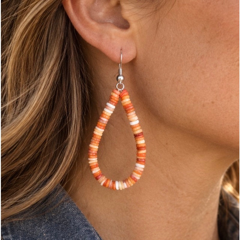 Orange Spiny Oyster Heishi Teardrop Dangle Earrings | Southwestern Sterling Silver