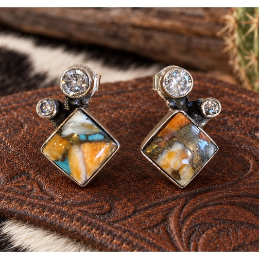 Orange Spiny Oyster & Turquoise Square-Cut Earrings with CZ Accents – Sterling Silver