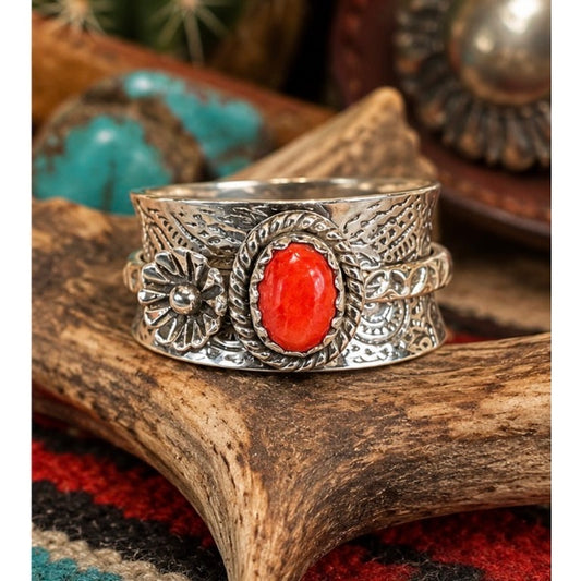 Red Spiny Southwestern Spinner Ring – Sterling Silver Hand-Stamped Floral Design