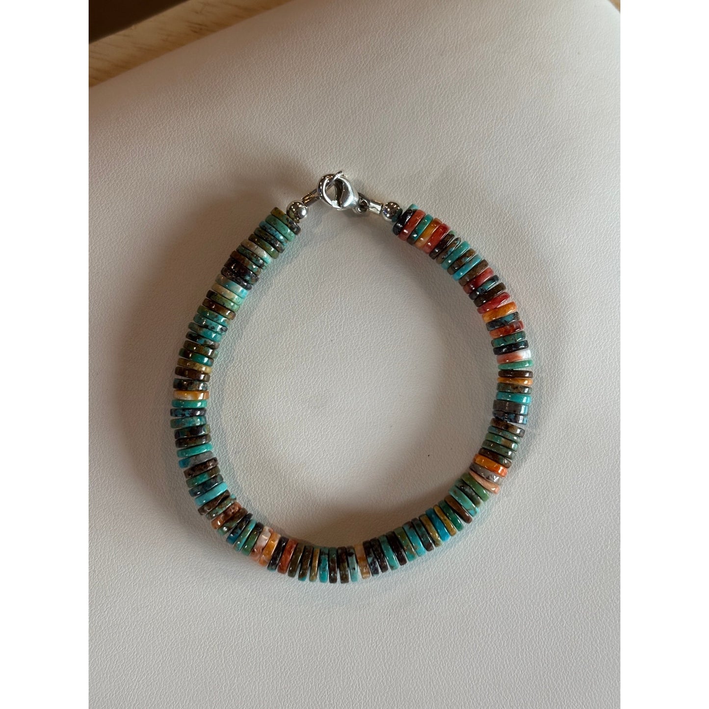 7" Turquoise & Spiny Oyster Heishi Bracelet Sterling Silver Southwest Bracelet