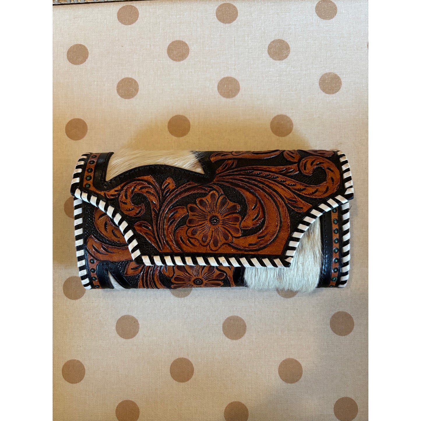 Leather Tooled Cowhide Leather Cross Body Wallet/ Purse.