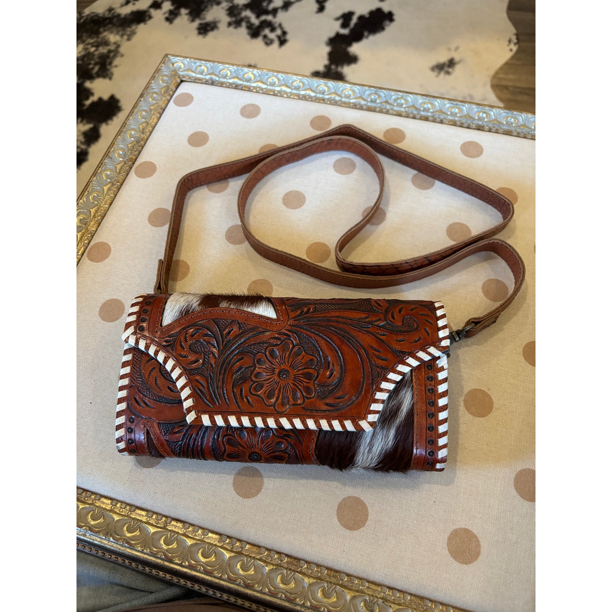 Leather Tooled Cowhide Crossbody Purse/ Wallet