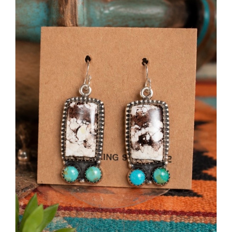 White Horse & Turquoise Dangle Earrings Southwestern Style
