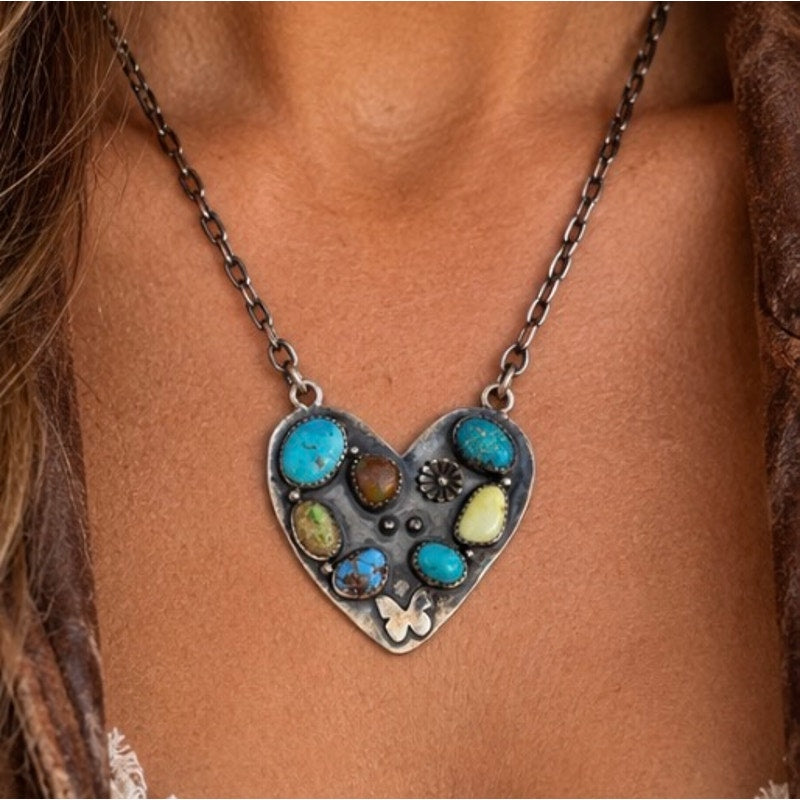 One of a Kind Multi-Turquoise Heart Necklace Sterling Silver 20"