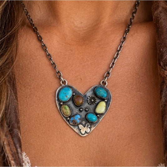 One of a Kind Multi-Turquoise Heart Necklace Sterling Silver 20"