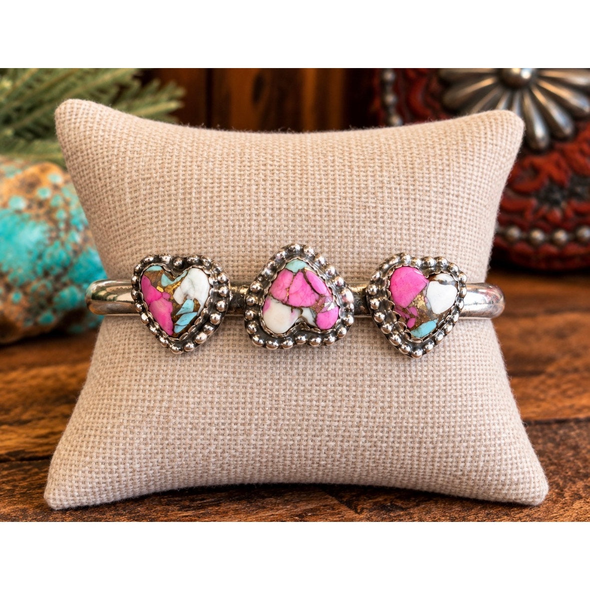 Cotton Candy Turquoise Heart Cuff Bracelet – Three Heart Sterling Silver
