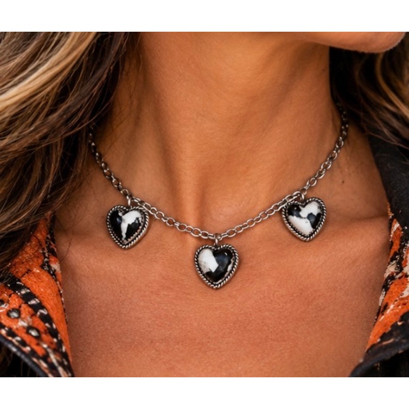 White Buffalo 3 Heart Necklace Sterling Silver Choker to 21” Chain