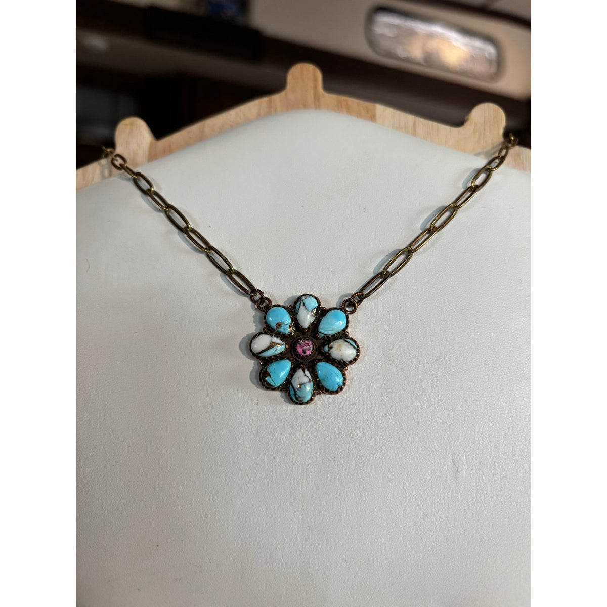 Copper and Turquoise Cluster Necklace on a beautiful paper clip chain