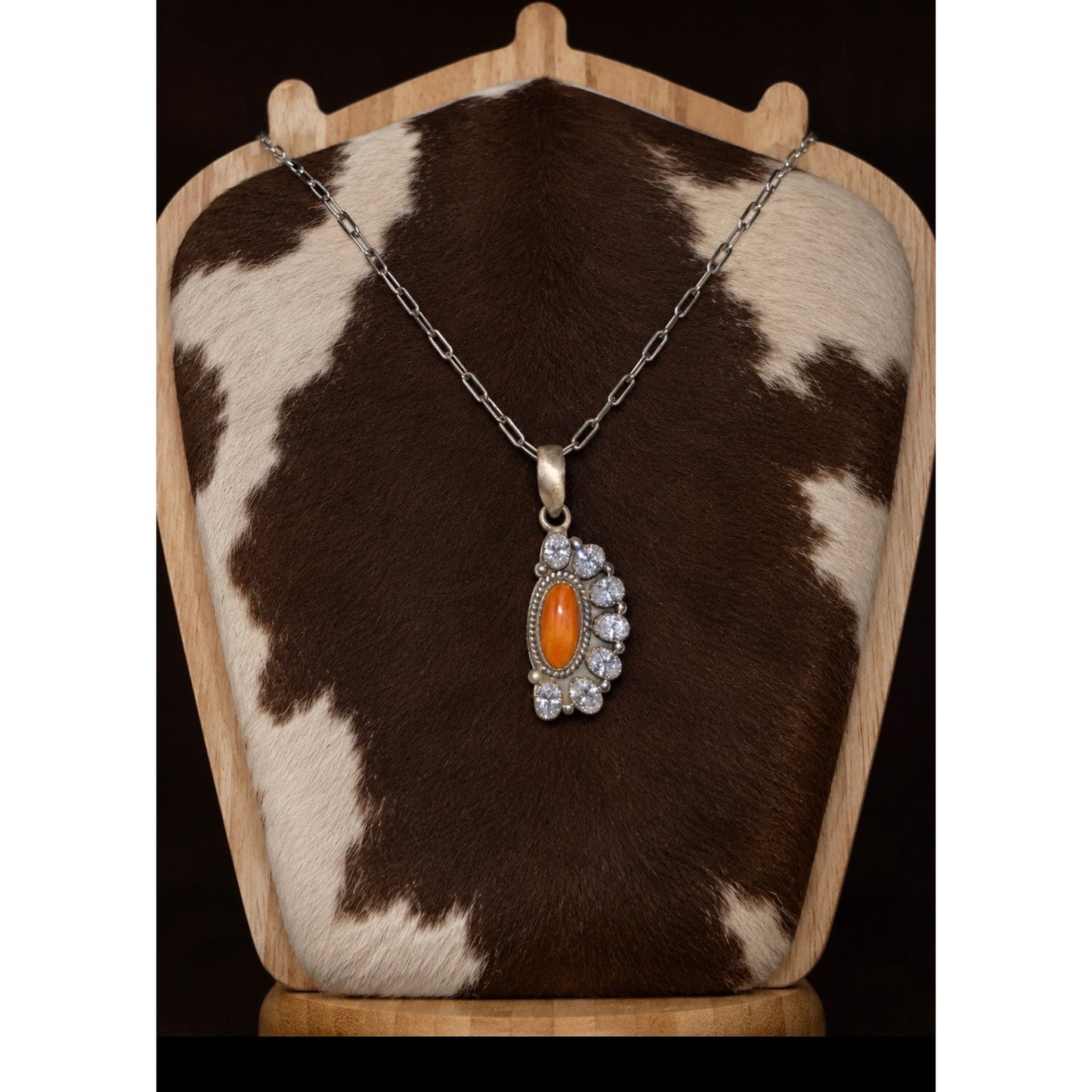 Orange Spiny Oyster with Cubic Zirconia set in Sterling Silver Pendant