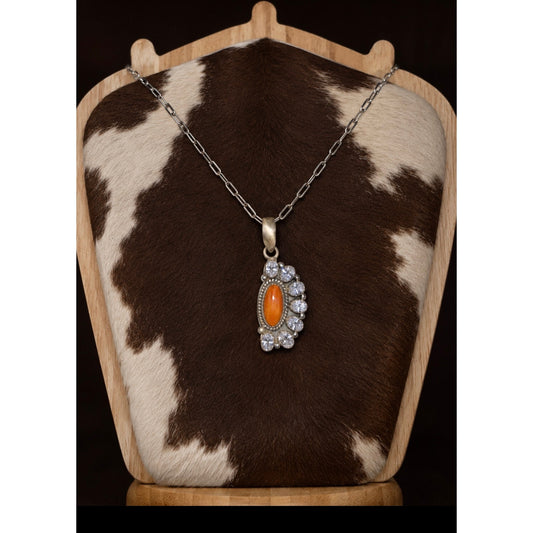 Orange Spiny Oyster with Cubic Zirconia set in Sterling Silver Pendant