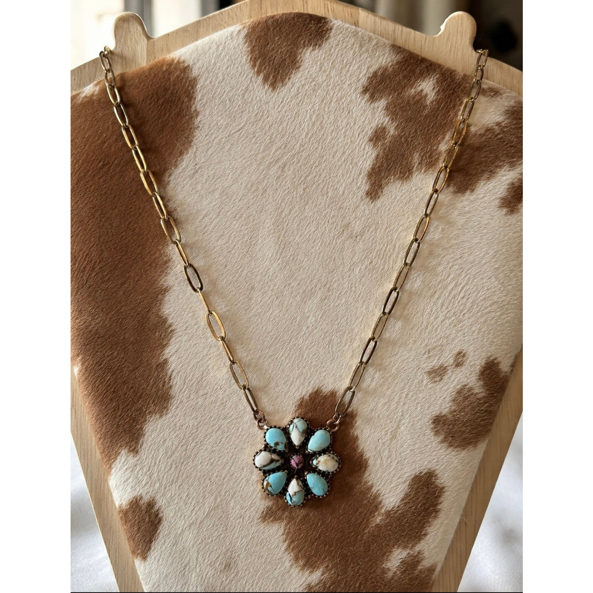 Copper and Turquoise Cluster Necklace on a beautiful paper clip chain