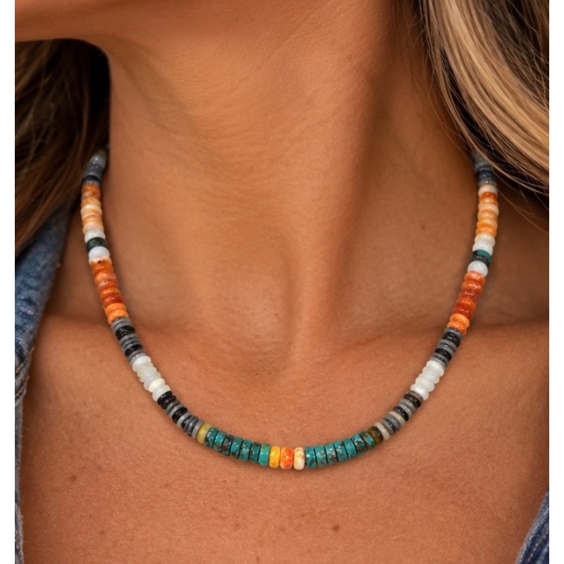 Desert Sunset Turquoise & Spiny Oyster Heishi Necklace – 20"