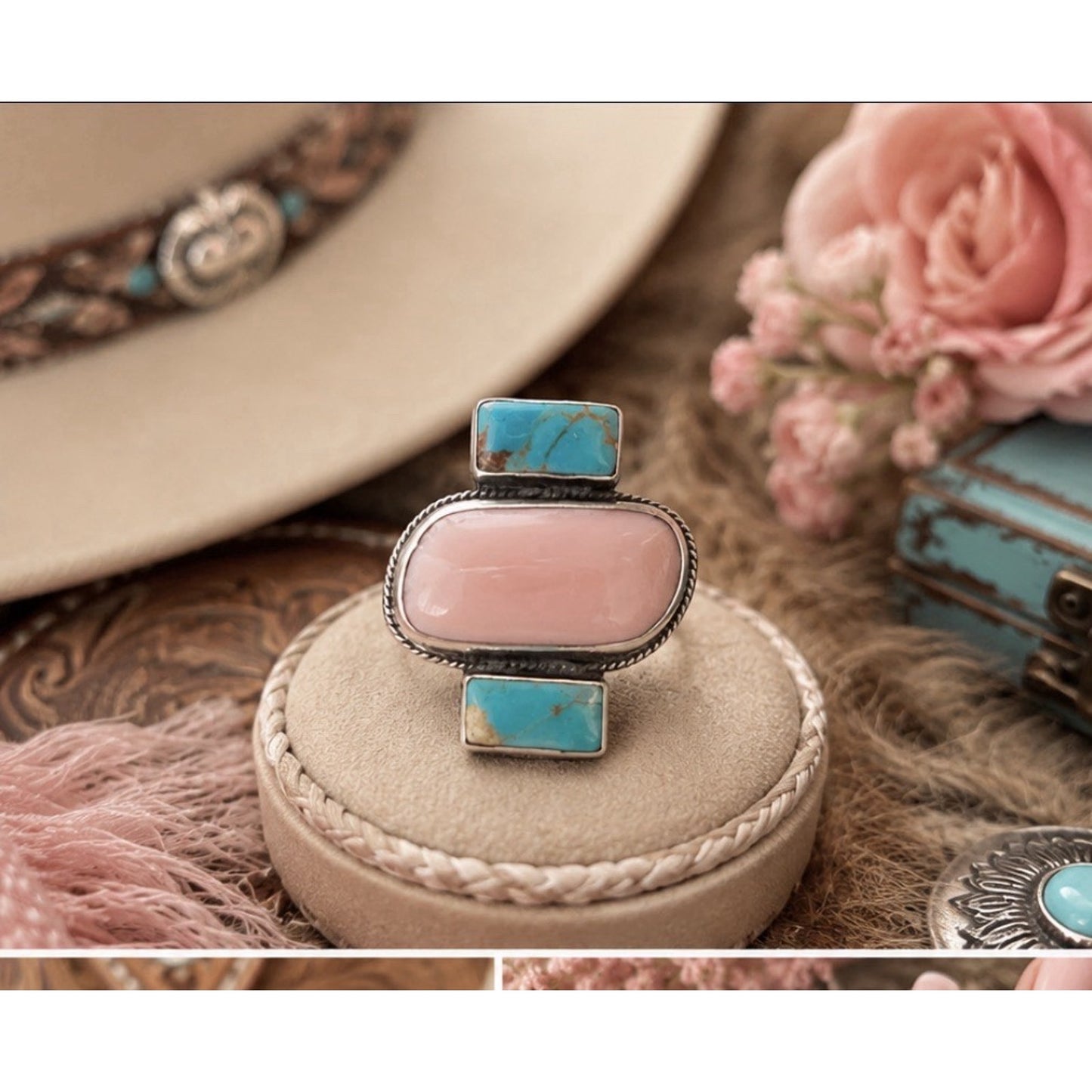 Turquoise & Large Pink Conch Stone Set In Sterling Silver