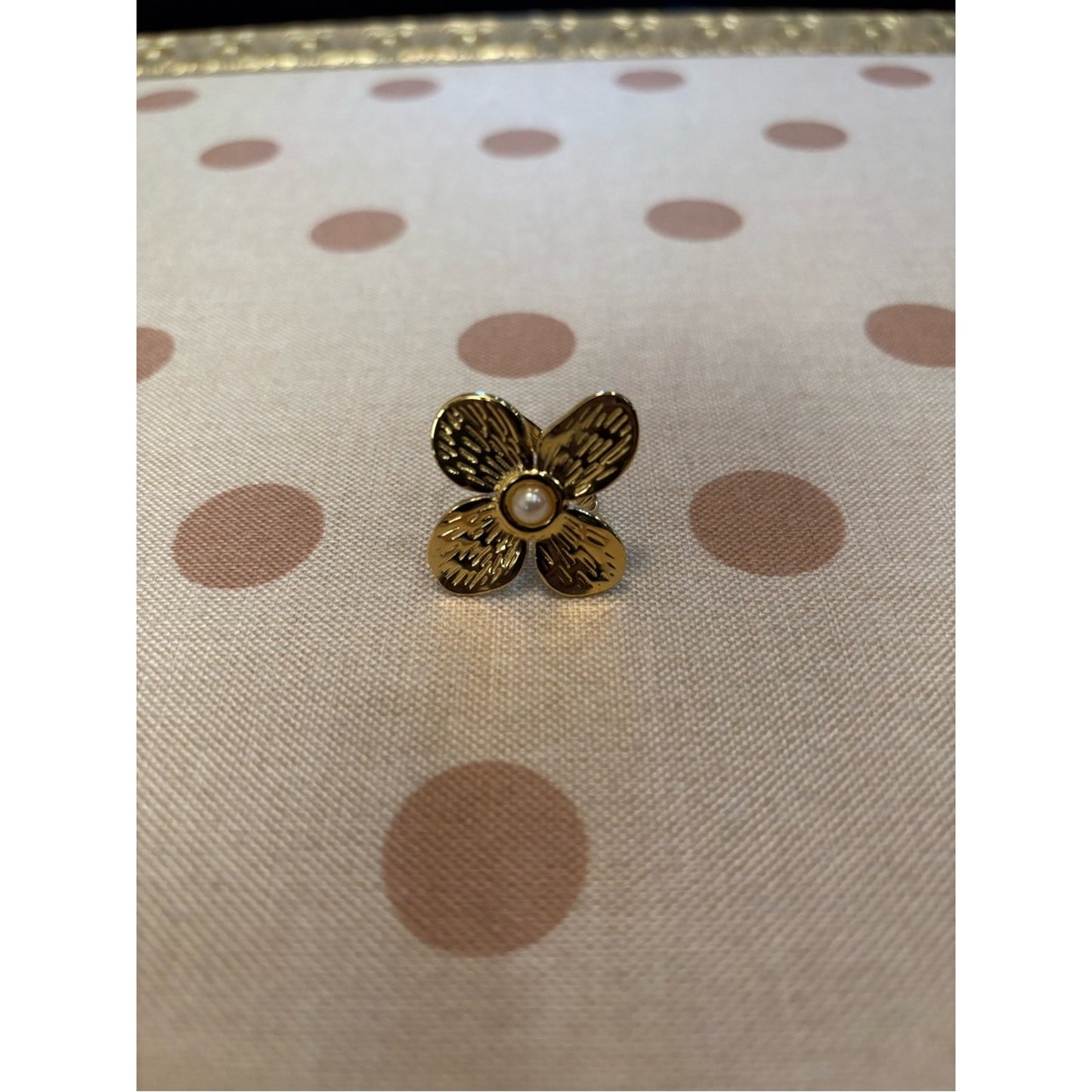 Gold 18 Carat Gold Plated tarnish and water proof Flower Ring with pearl accent.