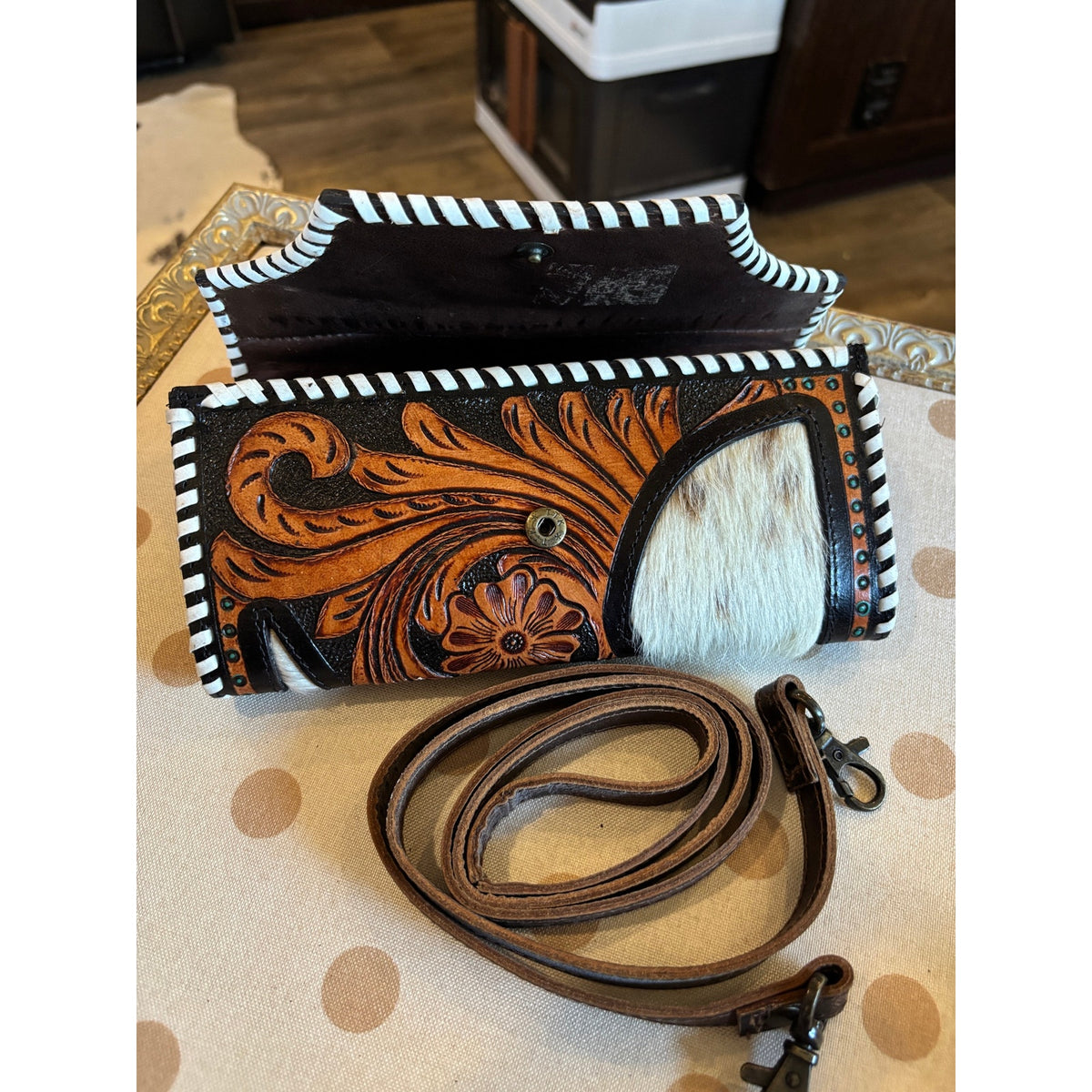 Leather Tooled Cowhide Leather Cross Body Wallet/ Purse.