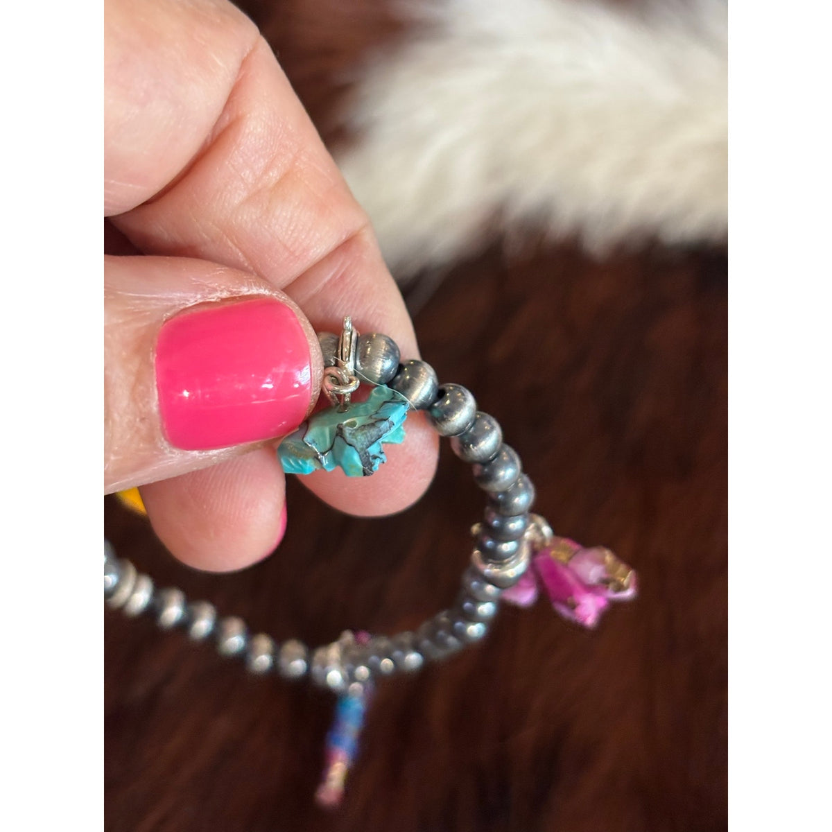 Sterling Silver Pearl Bead Bracelet with Hand-Carved Turquoise Charms – 5mm, 7 Inch