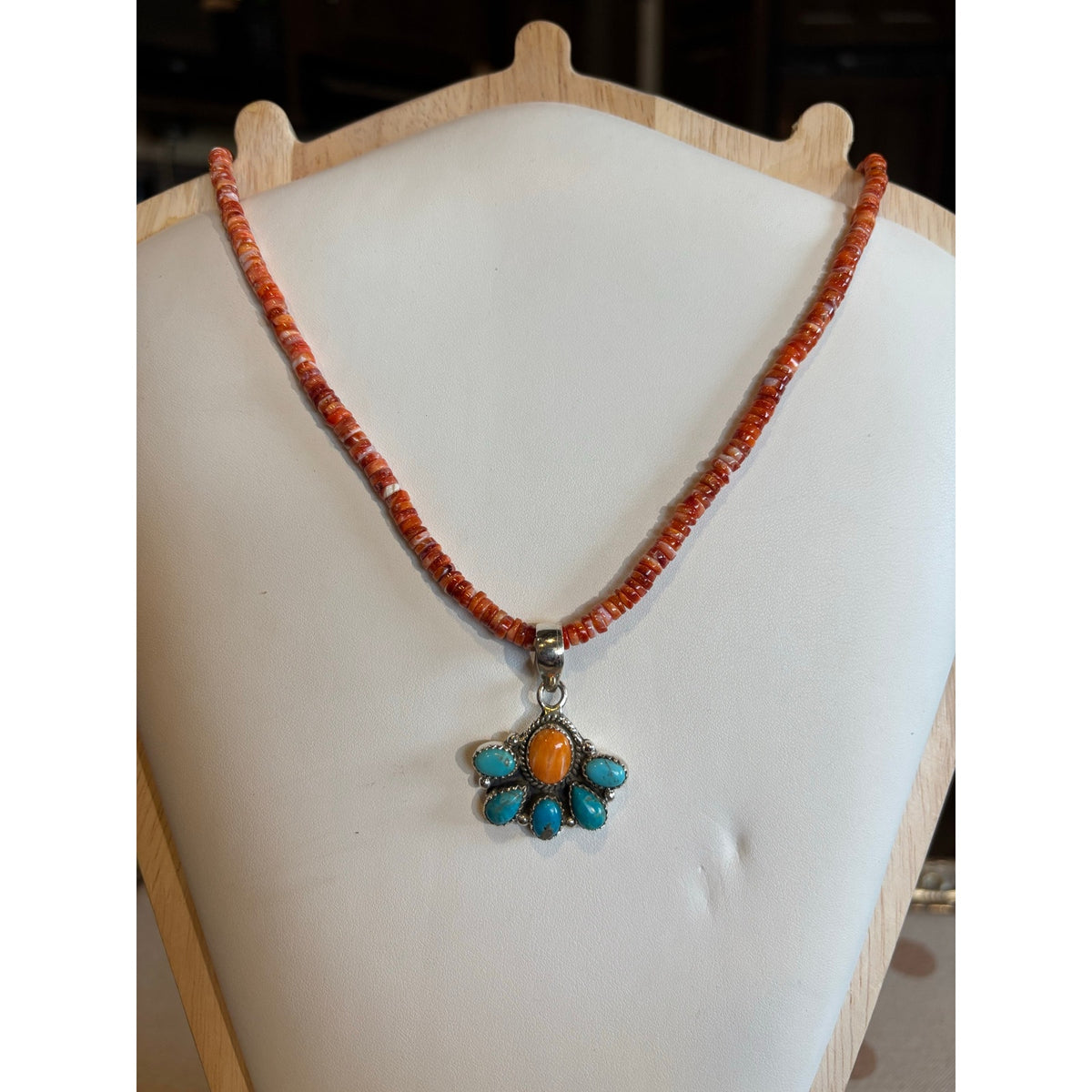 Mojave Turquoise & Orange Spiny Oyster Cluster Pendant Necklace | 16" Sterling Silver