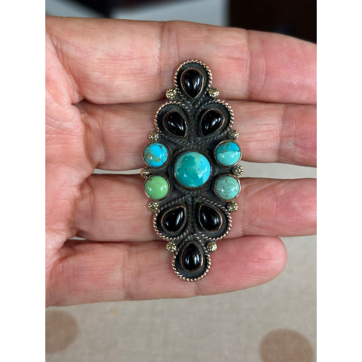 Turquoise & Black Onyx Multistone Copper Statement Ring adjustable 5-9