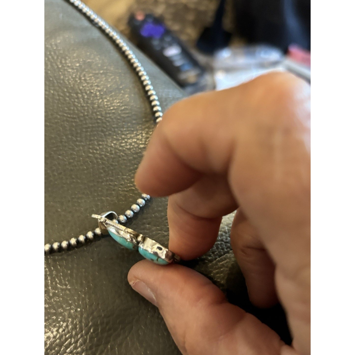 Kingman Turquoise Sterling Silver Pendant with 3mm Desert Pearl Chain Necklace