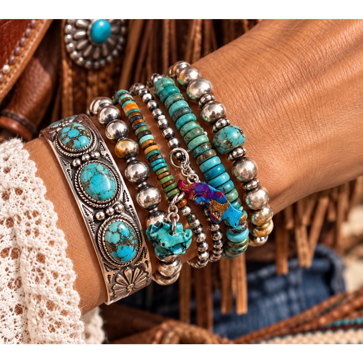 Southwestern 3mm Pearl Bead 7" Bracelet with Hand-Carved Spiny Orange Wolf Charm
