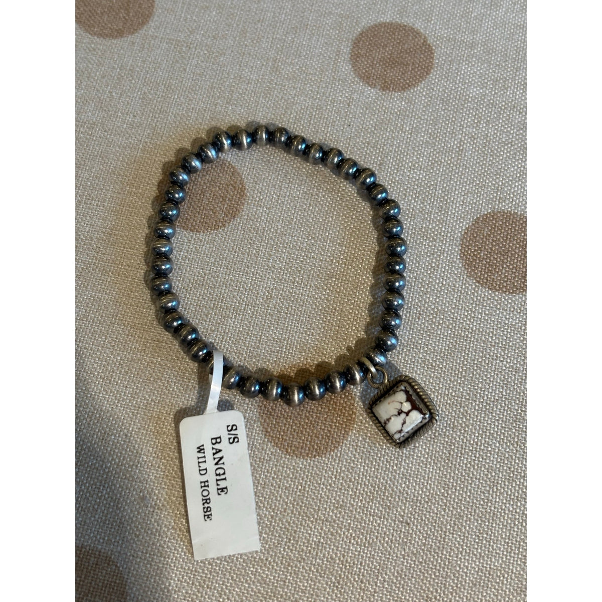 5mm Sterling Silver Pearl Bead Bracelet with White Horse Turquoise Charm – Adjustable 7–8"