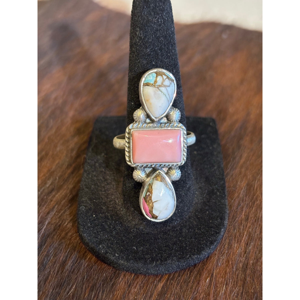 Pink Conch & Cotton Candy Turquoise 3-Stone Crawler Ring – Sterling Silver Adjustable