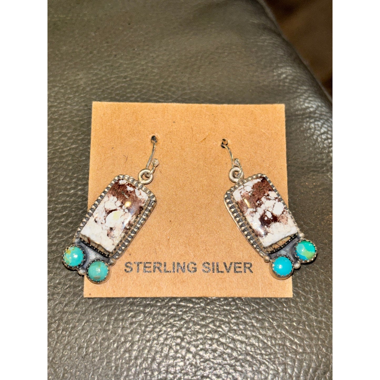 White Horse & Turquoise Dangle Earrings Southwestern Style