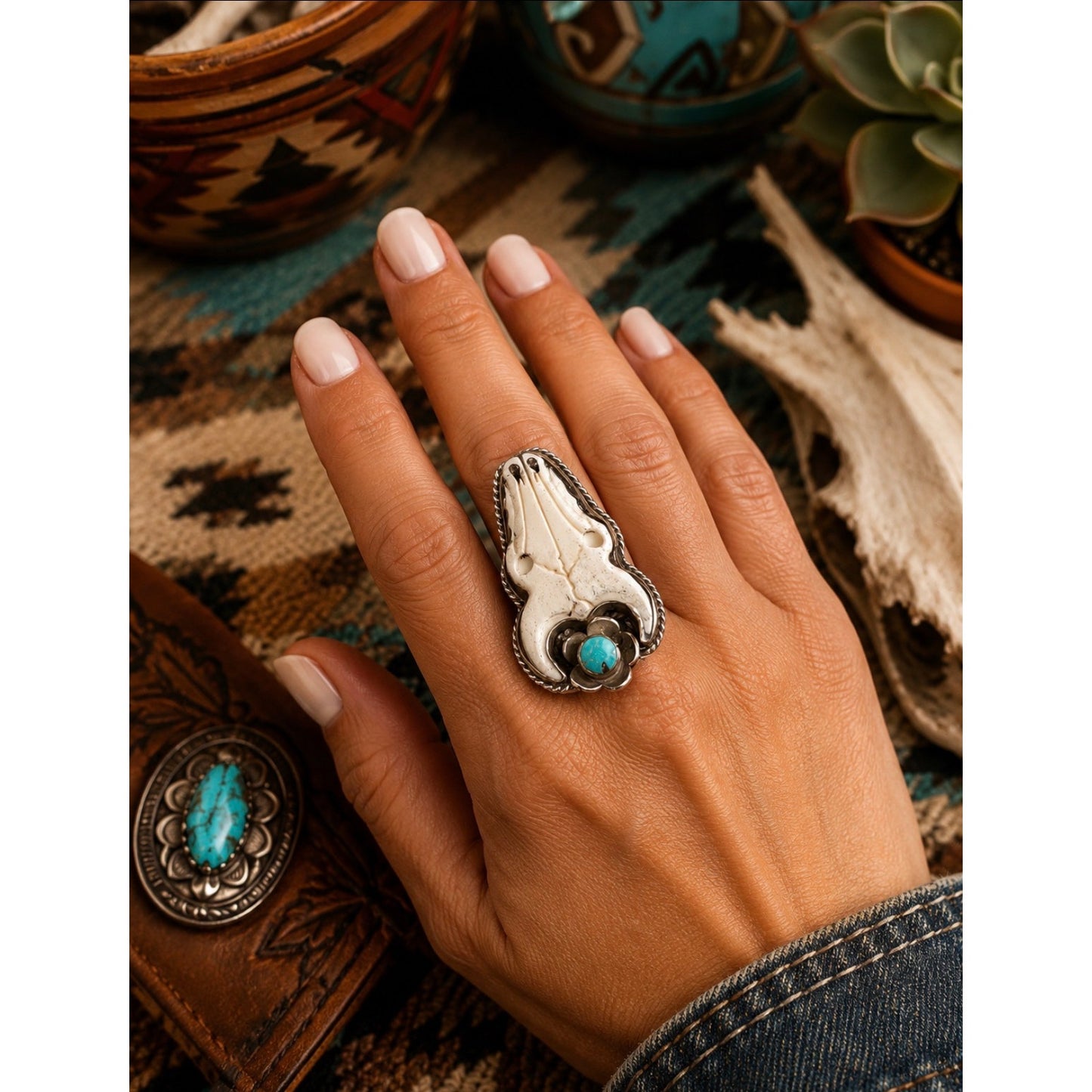 White Buffalo Turquoise accent ring German Silver Steer Head