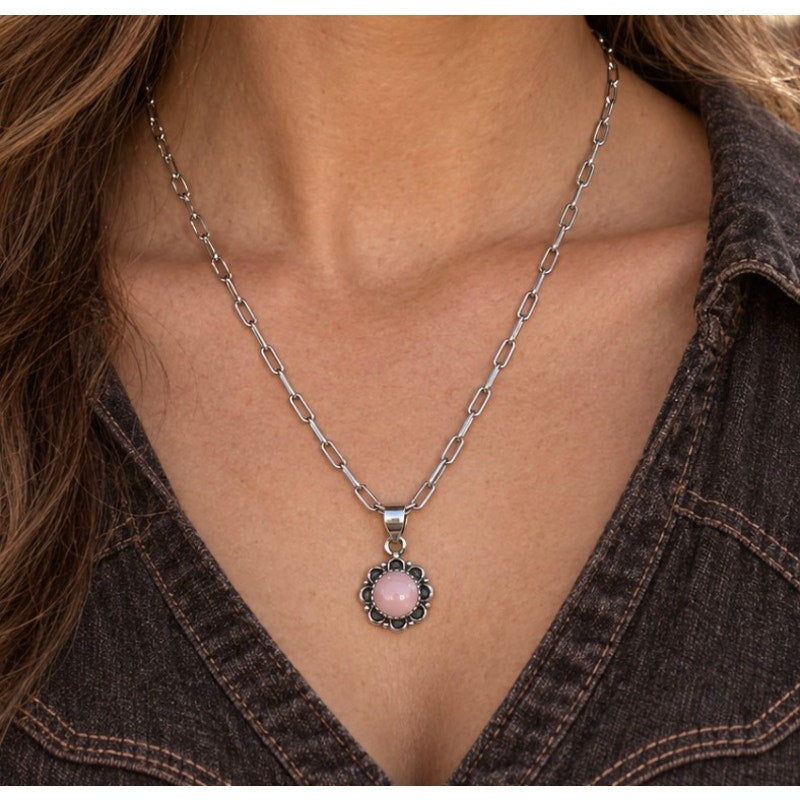 Pink Conch Round Pendant Sterling Silver Necklace – Adjustable 14-20"