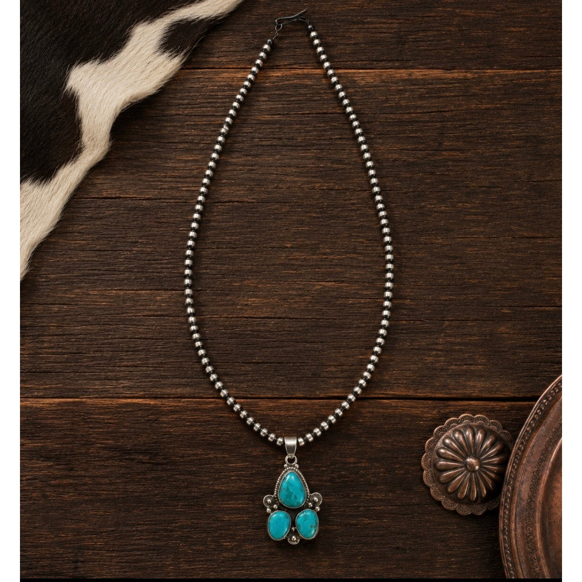 Kingman Turquoise Sterling Silver Pendant-16" Pearl Necklace