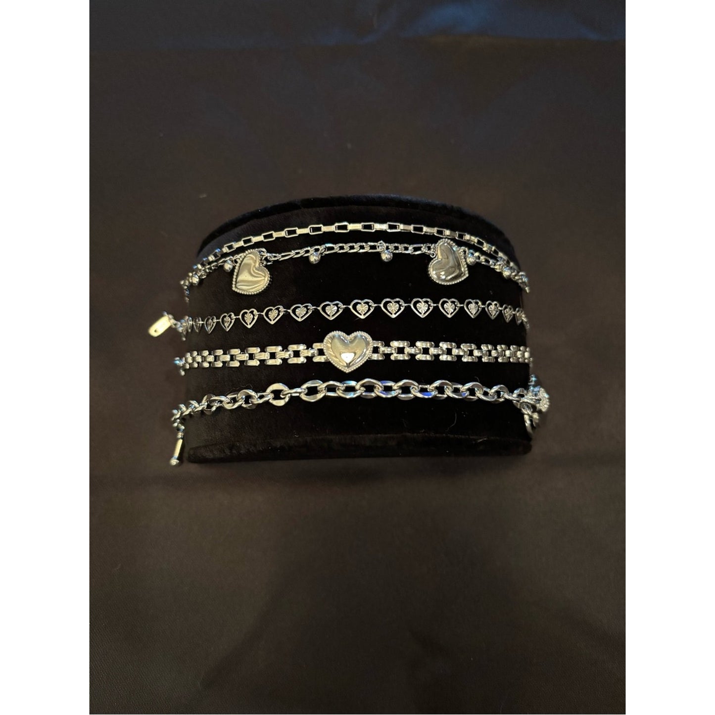 Silver Heart Charm Layered Bracelet Set - Women's Jewelry