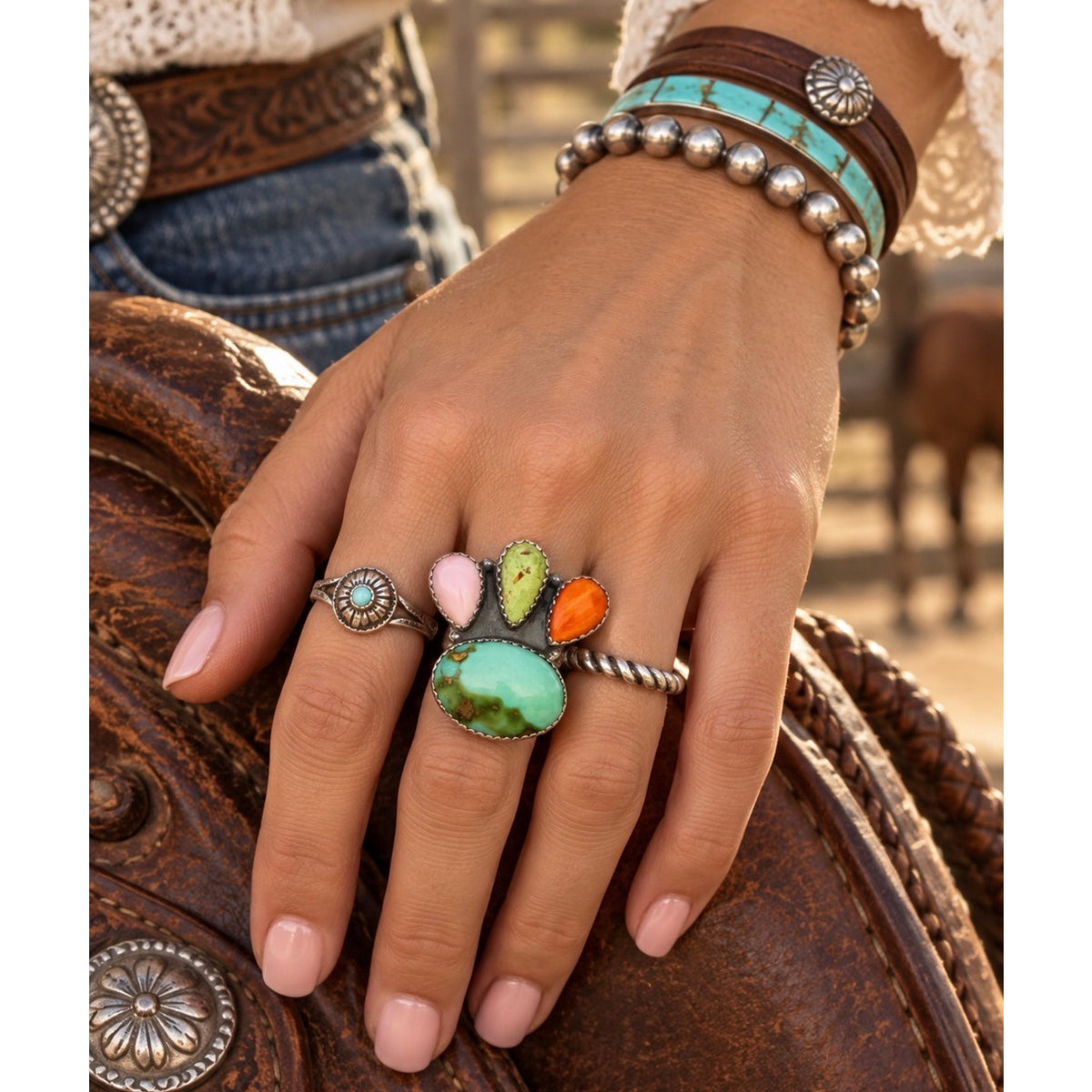 Sonoran Mountain & Paloma Turquoise Ring with Pink conch and Orange Spiny