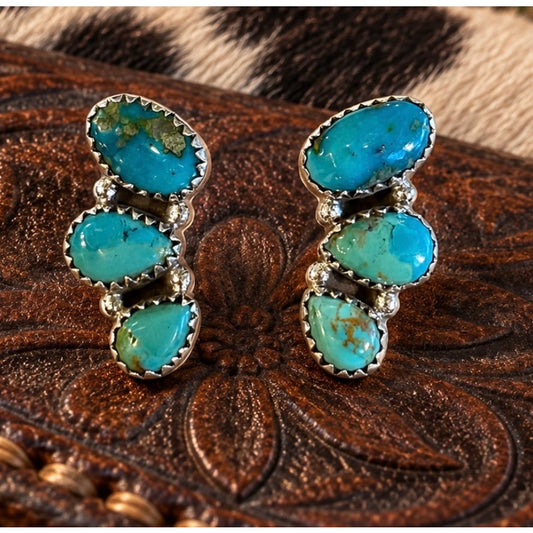 Number 8 & Kingman Turquoise Three-Stone Crawler Earrings in Sterling Silver