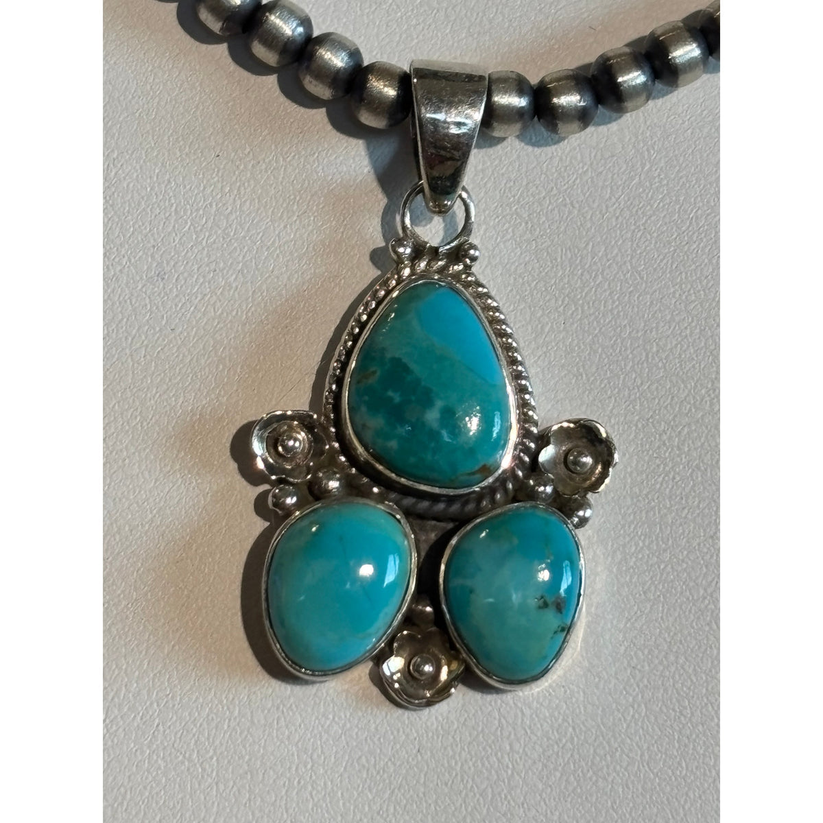 Kingman Turquoise Sterling Silver Pendant-16" 4mm Pearl Bead Necklace