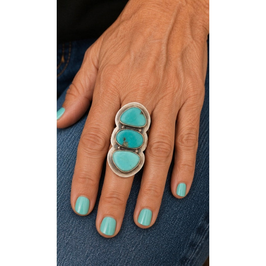 Kingman Turquoise 3 stone Ring Set in Sterling Silver
